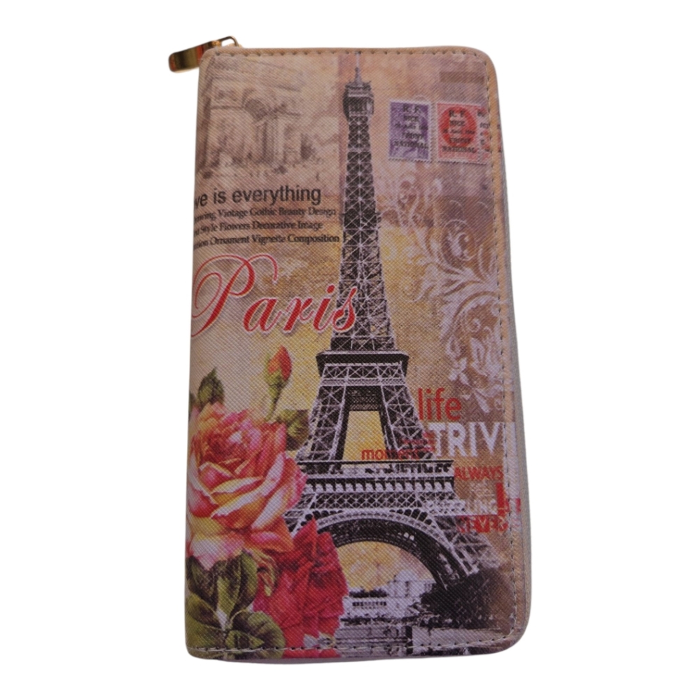 Paris Themed Wallet with Eiffel Tower and Roses Romantic Design NWOT